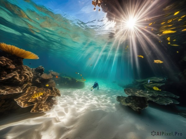 solo,1boy,male focus,outdoors,sky,day,cloud,water,tree,ocean,leaf,beach,sunlight,scenery,fish,light rays,rock,sand,sun,sunbeam,from behind,underwater