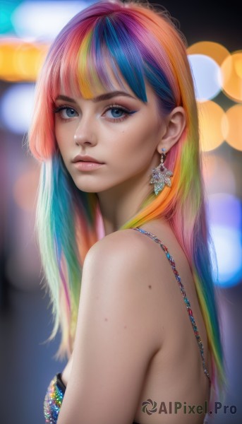 1girl,solo,long hair,breasts,looking at viewer,bangs,blue eyes,blonde hair,dress,bare shoulders,jewelry,medium breasts,closed mouth,underwear,blue hair,upper body,pink hair,multicolored hair,earrings,small breasts,artist name,blunt bangs,bra,mole,blurry,from side,two-tone hair,lips,looking to the side,eyelashes,gradient hair,makeup,depth of field,blurry background,watermark,web address,eyeshadow,freckles,realistic,nose,bokeh,mascara,rainbow hair,green hair,necklace,streaked hair,strapless