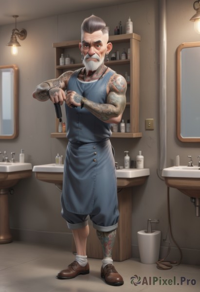 solo,looking at viewer,short hair,1boy,jewelry,standing,full body,grey hair,male focus,earrings,shoes,indoors,necklace,apron,tattoo,muscular,facial hair,bandages,brown footwear,bottle,beard,mature male,mustache,overalls,arm tattoo,shoulder tattoo,undercut,old,old man,prosthesis,sink,prosthetic leg,brown hair,shirt,black hair,holding,brown eyes,sleeveless,socks,pants,black eyes,window,ring,tank top,white socks,watch,wristwatch,stool,mohawk,faucet