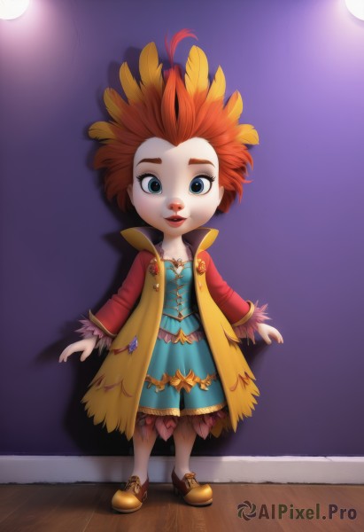 1girl,solo,breasts,looking at viewer,smile,short hair,blue eyes,long sleeves,dress,cleavage,standing,full body,red hair,parted lips,shoes,orange hair,lips,coat,makeup,blue dress,brown footwear,feathers,lipstick,spotlight,skirt,hair ornament,chibi,eyelashes,shadow,freckles,feather hair ornament