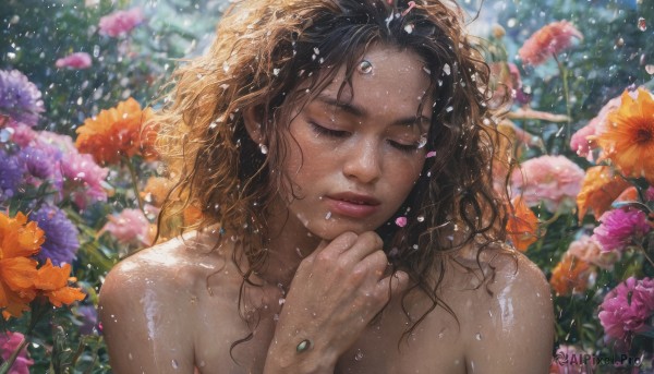 1girl, solo, long hair, brown hair, jewelry, closed mouth, closed eyes, upper body, flower, nude, artist name, lips, wet, eyelashes, gem, pink flower, rain, water drop, realistic, nose, wet hair, forehead jewel, orange flower