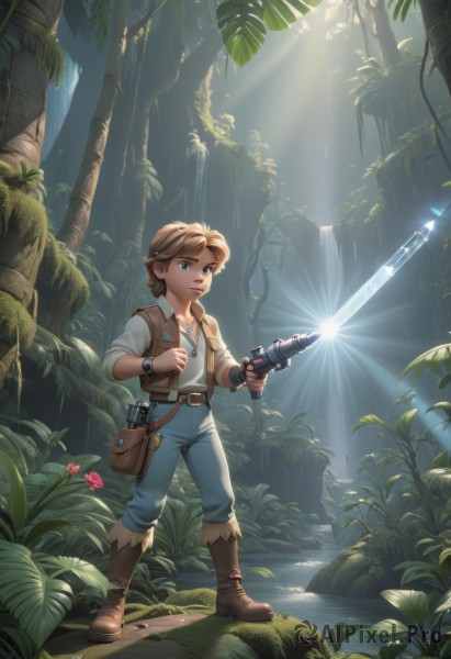 solo,short hair,blue eyes,blonde hair,brown hair,shirt,1boy,holding,brown eyes,jewelry,standing,full body,white shirt,weapon,flower,male focus,boots,outdoors,belt,pants,water,necklace,bag,holding weapon,vest,tree,lips,gun,leaf,brown footwear,sunlight,plant,child,nature,forest,watch,pouch,light rays,rock,wristwatch,male child,sunbeam,belt pouch,waterfall,energy sword,energy gun,sword,signature,denim,handgun,science fiction,jeans,fantasy,animification,flashlight,lightsaber