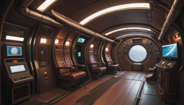 indoors,no humans,window,scenery,reflection,science fiction,tiles,space,tile floor,monitor,planet,spacecraft,cockpit,seat,robot,machinery,wooden floor,realistic,light,cable,computer,screen