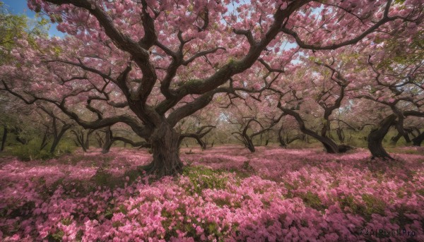 flower, outdoors, sky, day, tree, blue sky, no humans, traditional media, grass, cherry blossoms, nature, scenery, pink flower, field, flower field