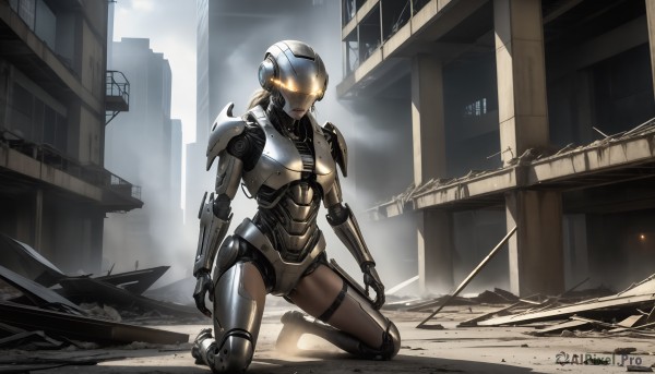 HQ,1girl,solo,weapon,outdoors,armor,kneeling,glowing,helmet,robot,building,glowing eyes,science fiction,city,android,ruins,damaged,power armor,power suit,full body,orange eyes,mecha,cityscape,joints,one knee,cyborg,robot joints,cyberpunk,dust,humanoid robot,rubble,arm blade