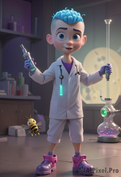 solo,looking at viewer,smile,open mouth,blue eyes,shirt,gloves,1boy,holding,blue hair,standing,full body,male focus,shoes,shorts,indoors,blurry,blurry background,bug,child,labcoat,clock,purple gloves,male child,purple footwear,syringe,shelf,stethoscope,spider,doctor,short hair,teeth,socks,aged down,test tube,holding syringe