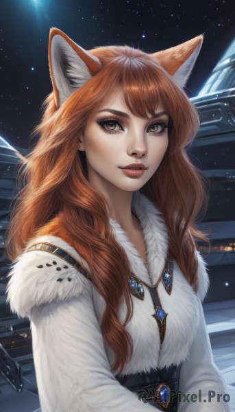 1girl,solo,long hair,looking at viewer,bangs,brown hair,long sleeves,animal ears,brown eyes,jewelry,upper body,parted lips,sky,necklace,orange hair,lips,coat,fur trim,fox ears,eyelashes,makeup,night,fox girl,gem,star (sky),night sky,starry sky,freckles,red lips,artist name,realistic,nose,space