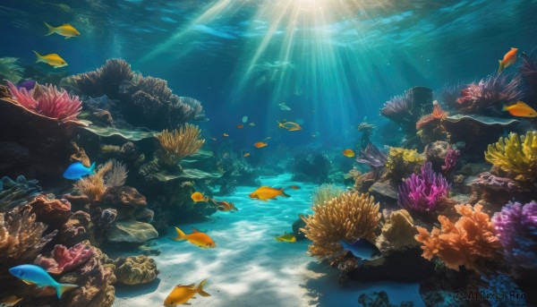 water,no humans,ocean,sunlight,scenery,fish,bubble,light rays,rock,underwater,air bubble,sunbeam,turtle,coral,seaweed,outdoors,day,animal,starfish,caustics