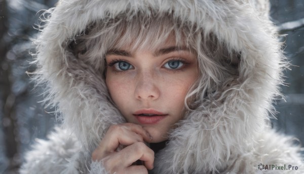 1girl, solo, looking at viewer, bangs, blue eyes, parted lips, hood, lips, fur trim, eyelashes, portrait, hood up, realistic, nose