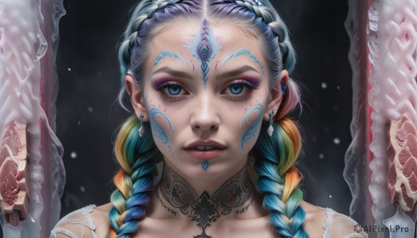 1girl,solo,long hair,looking at viewer,blue eyes,blonde hair,jewelry,blue hair,collarbone,braid,multicolored hair,earrings,parted lips,teeth,choker,twin braids,two-tone hair,lips,aqua hair,tattoo,makeup,facial mark,piercing,lipstick,gem,portrait,eyeshadow,freckles,realistic,nose,mascara,neck tattoo,multiple braids,orange hair,eyelashes,black background,tentacles,close-up,facial tattoo,nose piercing,lip piercing