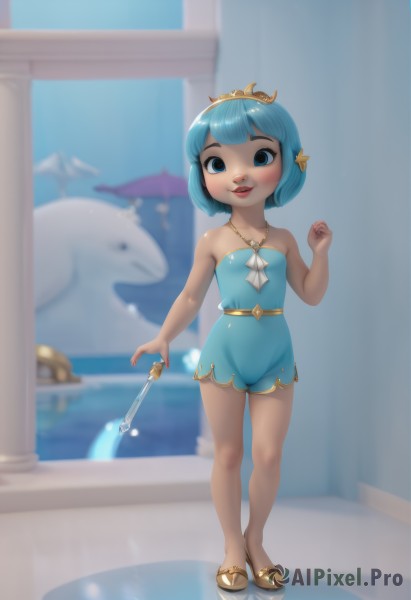 1girl,solo,looking at viewer,blush,smile,short hair,open mouth,bangs,blue eyes,holding,bare shoulders,jewelry,blue hair,standing,collarbone,swimsuit,full body,teeth,day,tongue,indoors,hand up,blunt bangs,water,necklace,blurry,flat chest,lips,one-piece swimsuit,bare arms,bare legs,strapless,depth of field,blurry background,umbrella,brown footwear,sandals,tiara,crown,gem,child,blue one-piece swimsuit,wand,female child,casual one-piece swimsuit,holding wand,dolphin,dress,pokemon (creature)