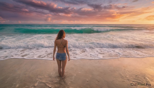 1girl, solo, short hair, brown hair, standing, swimsuit, bikini, outdoors, sky, shorts, cloud, water, from behind, short shorts, ocean, back, beach, cloudy sky, denim, scenery, bikini top only, walking, blue shorts, denim shorts, sunset, sand, arms at sides, horizon, facing away, waves, footprints