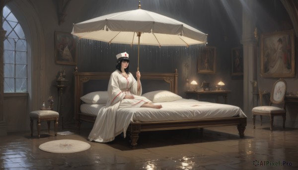 1girl,solo,long hair,breasts,bangs,large breasts,black hair,long sleeves,hat,dress,holding,jewelry,sitting,closed mouth,flower,japanese clothes,barefoot,indoors,wide sleeves,necklace,white dress,pillow,book,window,bed,bed sheet,white headwear,umbrella,on bed,chair,table,curtains,scenery,reflection,rain,robe,wooden floor,mirror,holding umbrella,clock,lamp,candle,photo (object),bedroom,vase,picture frame,painting (object),picture (object),wooden table,looking at viewer,short hair,red eyes,ribbon,cleavage,medium breasts,blunt bangs,medium hair,kimono,water,red ribbon,sash,makeup,night,sunlight,plant,red nails,light rays,water drop,white kimono,nurse cap,tiles,red lips,wall,tile floor,wide shot,moonlight,candlestand,reflective floor,tablecloth,chest of drawers