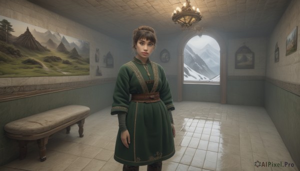 1girl,solo,looking at viewer,smile,short hair,bangs,brown hair,long sleeves,dress,brown eyes,jewelry,closed mouth,standing,earrings,day,indoors,necklace,hair bun,tree,lips,sash,window,chair,chinese clothes,table,single hair bun,scenery,green dress,mountain,arms at sides,clock,tiles,tile floor,painting (object),open mouth,black hair,parted lips,teeth,robe,realistic