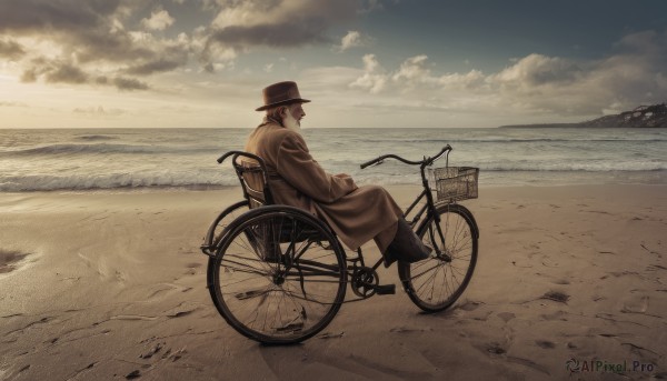 solo,1boy,hat,sitting,male focus,outdoors,sky,day,cloud,water,from behind,coat,facial hair,ocean,beach,cloudy sky,ground vehicle,scenery,beard,sand,basket,old,sepia,old man,bicycle,desert,wheelchair,bicycle basket,brown hair,from side,top hat,horizon,trench coat,muted color