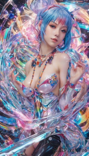 1girl,solo,breasts,looking at viewer,short hair,bangs,blue eyes,hair ornament,thighhighs,dress,cleavage,bare shoulders,jewelry,medium breasts,blue hair,pink hair,multicolored hair,cowboy shot,hairband,earrings,parted lips,detached sleeves,necklace,hair bun,nail polish,mole,lips,strapless,single hair bun,gem,blue nails,crystal,realistic,shiny,artist name,fingernails,head tilt,makeup,watermark,web address,nose