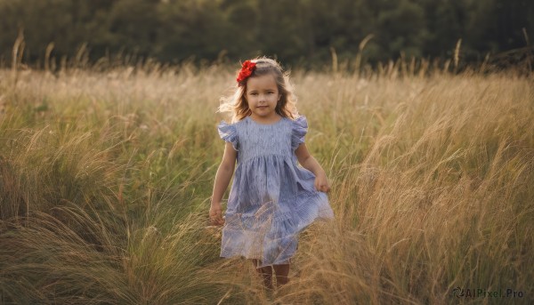 1girl,solo,long hair,looking at viewer,smile,blue eyes,brown hair,hair ornament,dress,standing,flower,short sleeves,outdoors,hair flower,white dress,blurry,lips,depth of field,blue dress,grass,red flower,child,nature,forest,realistic,arms at sides,female child,field,day,crying,wind,scenery,skirt hold