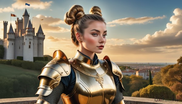 1girl,solo,looking at viewer,short hair,brown hair,brown eyes,jewelry,closed mouth,upper body,earrings,outdoors,sky,day,cloud,hair bun,armor,tree,blue sky,lips,looking to the side,grey eyes,double bun,makeup,single hair bun,cloudy sky,lipstick,shoulder armor,building,scenery,pauldrons,breastplate,nose,red lips,castle,knight,gorget,chainmail,plate armor,parted lips,realistic,flag,bush,updo