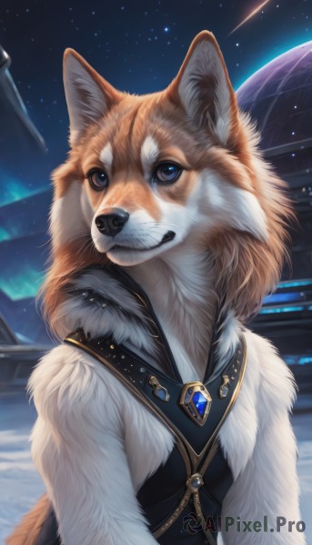 solo,looking at viewer,blue eyes,jewelry,tail,upper body,outdoors,sky,no humans,night,animal,brooch,gem,star (sky),night sky,starry sky,dog,space,animal focus,planet,1girl,teeth,necklace,furry,pendant,realistic,white fur,shooting star