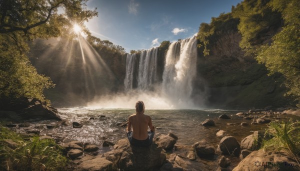 solo, black hair, 1boy, sitting, male focus, outdoors, sky, day, cloud, water, from behind, tree, sunlight, nature, scenery, topless male, rock, sun, waterfall