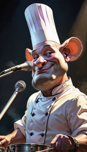 solo,looking at viewer,smile,1boy,hat,holding,animal ears,jewelry,closed mouth,upper body,male focus,earrings,belt,black eyes,buttons,white headwear,black background,instrument,microphone,furry,watch,mouse ears,music,double-breasted,furry male,microphone stand,drum,chef hat,chef,realistic,wristwatch,spotlight