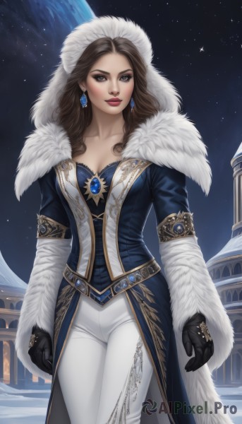 1girl,solo,long hair,breasts,looking at viewer,smile,brown hair,gloves,long sleeves,cleavage,brown eyes,jewelry,medium breasts,standing,collarbone,cowboy shot,earrings,outdoors,sky,black gloves,pants,artist name,hood,lips,coat,fur trim,makeup,night,watermark,lipstick,gem,star (sky),night sky,eyeshadow,hood up,starry sky,gold trim,white pants,white coat,winter clothes,red lips,space,fur-trimmed sleeves,fur-trimmed coat,planet,blue coat,fur hat,earth (planet),coattails,ushanka,medium hair,ring,brooch,realistic,blue gemstone,fur coat