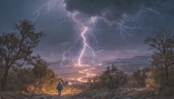 solo,1boy,standing,weapon,male focus,outdoors,sky,pants,sword,cloud,from behind,tree,cloudy sky,grass,nature,scenery,forest,walking,mountain,fantasy,electricity,facing away,wide shot,bare tree,lightning,mountainous horizon,1girl,brown hair,night,horizon,landscape