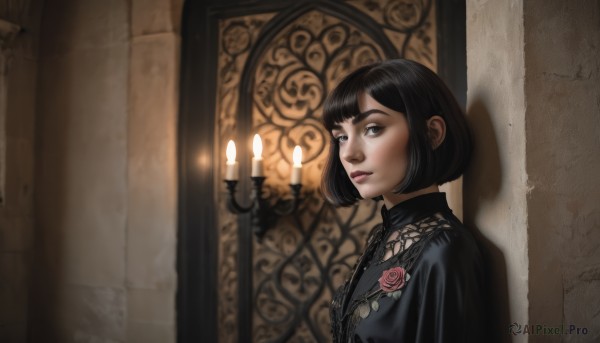 1girl,solo,looking at viewer,short hair,bangs,black hair,dress,closed mouth,upper body,flower,indoors,blunt bangs,black eyes,black dress,from side,lips,makeup,rose,bob cut,lace,realistic,nose,candle,against wall,wall,gothic,candlelight,blurry,eyelashes,stone wall