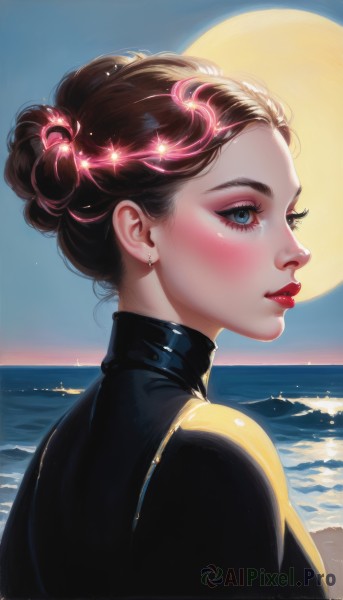 1girl,solo,blush,short hair,blue eyes,brown hair,jewelry,upper body,earrings,outdoors,parted lips,sky,artist name,water,hair bun,from side,lips,eyelashes,sparkle,profile,makeup,night,turtleneck,ocean,looking away,beach,moon,single hair bun,lipstick,portrait,full moon,nose,red lips,stud earrings,looking afar,mascara,braid,teeth,signature,bodysuit,watermark,eyeshadow,realistic,waves