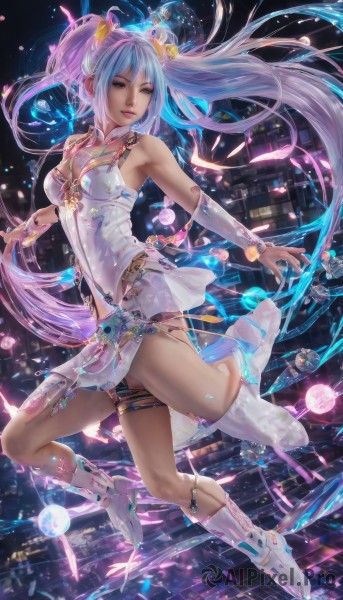 1girl,solo,long hair,breasts,looking at viewer,skirt,hair ornament,dress,cleavage,bare shoulders,twintails,brown eyes,jewelry,medium breasts,very long hair,blue hair,full body,pink hair,purple hair,multicolored hair,boots,lips,thigh strap,building,floating,city,realistic,cityscape,thighhighs,parted lips,detached sleeves,white dress,high heels,gradient hair,outstretched arms,single thighhigh