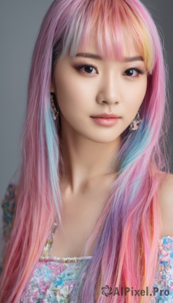 1girl,solo,long hair,looking at viewer,bangs,simple background,brown eyes,jewelry,closed mouth,blue hair,upper body,pink hair,multicolored hair,earrings,blunt bangs,grey background,black eyes,two-tone hair,lips,eyelashes,gradient hair,makeup,realistic,nose,portrait