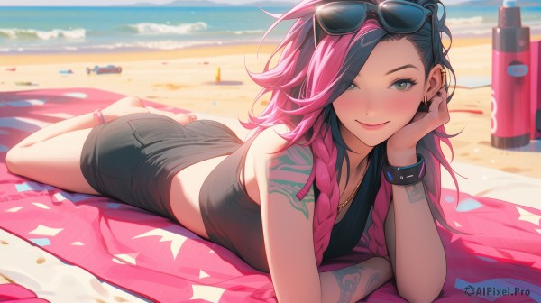 1girl,solo,long hair,breasts,looking at viewer,blush,smile,bangs,black hair,bare shoulders,jewelry,closed mouth,green eyes,pink hair,ass,braid,multicolored hair,earrings,outdoors,lying,shorts,barefoot,sleeveless,day,midriff,water,necklace,nail polish,hair over one eye,twin braids,bracelet,two-tone hair,lips,crop top,short shorts,eyelashes,tattoo,makeup,ocean,umbrella,beach,black shorts,piercing,sunglasses,eyes visible through hair,denim,on stomach,lipstick,towel,wristband,ear piercing,black nails,eyewear on head,eyeshadow,head rest,pink lips,sand,anklet,stud earrings,arm tattoo,the pose,mascara,beach towel,blurry,blurry background,tank top,black tank top