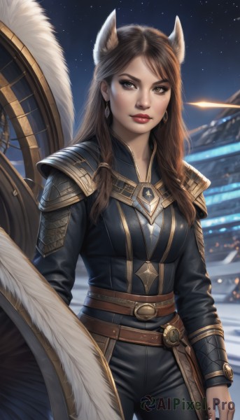 1girl,solo,long hair,breasts,looking at viewer,brown hair,long sleeves,animal ears,brown eyes,jewelry,medium breasts,closed mouth,standing,weapon,cowboy shot,earrings,outdoors,sky,belt,pants,artist name,armor,mole,blurry,lips,mole under eye,makeup,night,black pants,lipstick,shoulder armor,star (sky),night sky,snow,starry sky,freckles,pauldrons,shield,hoop earrings,breastplate,snowing,nose,red lips,mole above mouth,bangs,signature,fox ears,extra ears,realistic