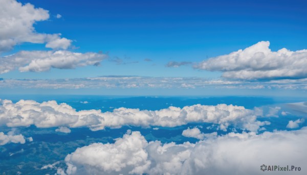 outdoors,sky,day,cloud,water,blue sky,dutch angle,no humans,ocean,cloudy sky,scenery,blue theme,horizon,landscape,above clouds,monochrome,reflection