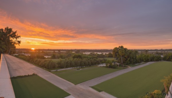 outdoors,sky,cloud,tree,no humans,sunlight,cloudy sky,grass,building,nature,scenery,forest,sunset,mountain,fence,sun,horizon,road,bush,river,landscape,orange sky,hill,plant,street,evening,mountainous horizon,path,guard rail