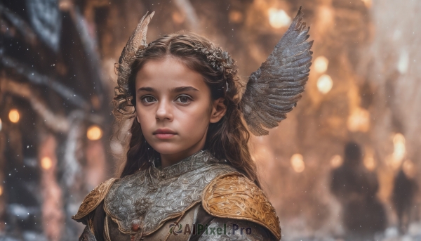 1girl,solo,long hair,looking at viewer,brown hair,hair ornament,brown eyes,closed mouth,upper body,wings,solo focus,armor,blurry,black eyes,lips,grey eyes,depth of field,blurry background,head wings,shoulder armor,portrait,snow,pauldrons,breastplate,realistic,nose,fantasy,winged helmet,braid,outdoors,forehead