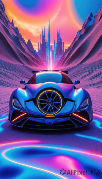 A glimpse of a motor vehicle in a lush sunset outdoors