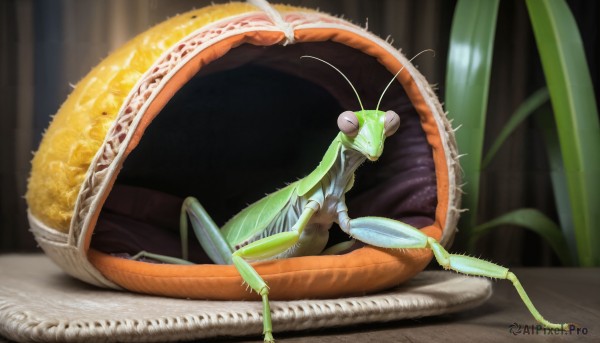 HQ,solo,sitting,indoors,blurry,no humans,bug,plant,realistic,antennae,arthropod girl,insect wings,closed mouth,food,pokemon (creature),fruit,glowing,claws