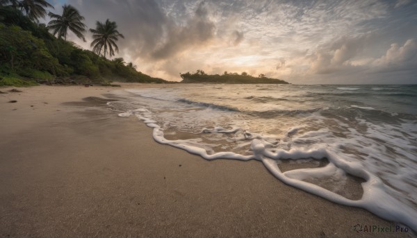 1girl, nude, outdoors, sky, cloud, water, tree, no humans, ocean, beach, cloudy sky, scenery, sand, palm tree, waves