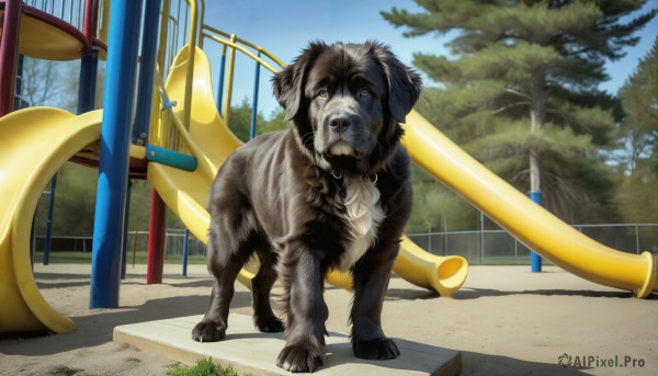 HQ,outdoors,sky,day,tree,blue sky,no humans,shadow,animal,dog,realistic,fence,road,animal focus,looking at viewer,standing,full body,ground vehicle