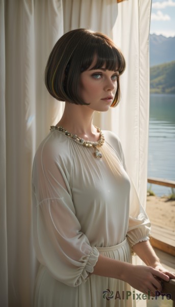 1girl,solo,breasts,looking at viewer,short hair,bangs,blue eyes,blonde hair,brown hair,black hair,long sleeves,dress,jewelry,closed mouth,standing,multicolored hair,small breasts,outdoors,parted lips,sky,solo focus,day,puffy sleeves,cloud,indoors,necklace,white dress,blurry,bracelet,blue sky,lips,streaked hair,see-through,window,ocean,bob cut,curtains,freckles,realistic,nose,holding,upper body,blunt bangs,nail polish,from side,eyelashes,watermark,sunlight,ring,backlighting,mountain,see-through silhouette