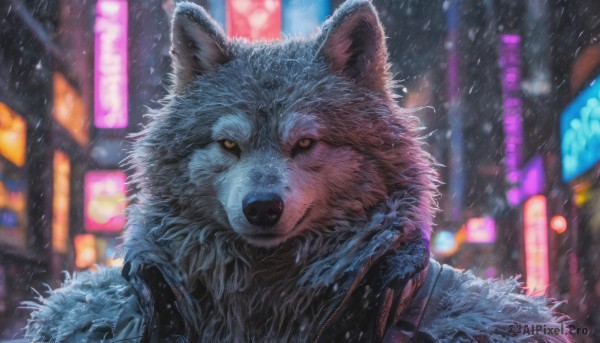 solo, looking at viewer, jacket, yellow eyes, outdoors, blurry, no humans, night, blurry background, animal, building, city, realistic, wolf