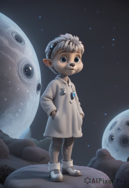 solo,looking at viewer,smile,short hair,blue eyes,long sleeves,1boy,closed mouth,standing,full body,grey hair,male focus,boots,outdoors,sky,shoes,pointy ears,black eyes,coat,night,facial hair,moon,white footwear,star (sky),night sky,furry,full moon,starry sky,hands in pockets,space,alien,leg hair,white hair,shorts,goggles,goggles on head,rock,furry male,male child