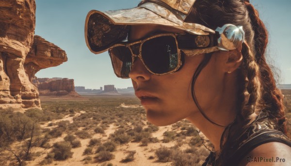 1girl,solo,brown hair,hat,closed mouth,outdoors,sky,day,dark skin,dark-skinned female,tree,lips,sunglasses,helmet,goggles,building,portrait,curly hair,realistic,nose,desert,long hair,black hair,1boy,from side,blue sky,freckles,sand,aviator sunglasses