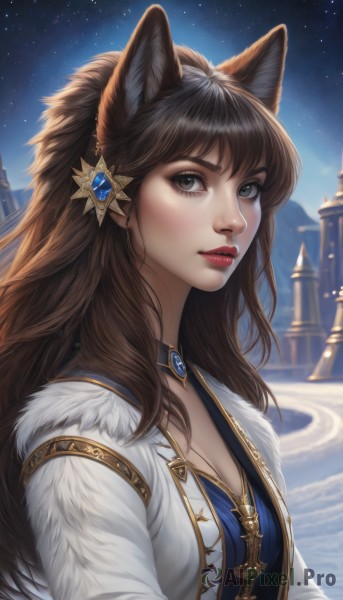 1girl,solo,long hair,breasts,looking at viewer,bangs,brown hair,hair ornament,animal ears,cleavage,brown eyes,jewelry,medium breasts,upper body,outdoors,sky,choker,necklace,lips,coat,grey eyes,fur trim,fox ears,makeup,night,lipstick,brooch,gem,star (sky),night sky,starry sky,nose,red lips,black hair,closed mouth,jacket,parted lips,open clothes,artist name,from side,eyelashes,wolf ears,white jacket,blue shirt,realistic