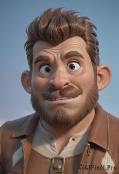 solo,looking at viewer,smile,short hair,brown hair,shirt,1boy,brown eyes,jacket,white shirt,upper body,male focus,parted lips,sky,teeth,collared shirt,grin,facial hair,blue background,thick eyebrows,portrait,beard,close-up,brown jacket,mature male,realistic,mustache,leather,simple background,open clothes,artist name,vest,nose,brown vest,raised eyebrow,leather jacket