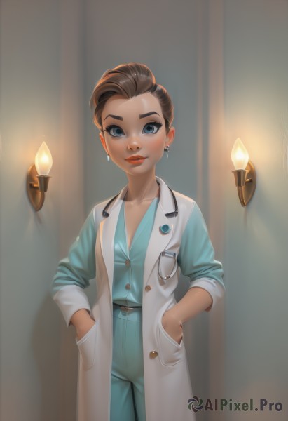 1girl,solo,breasts,looking at viewer,smile,short hair,blue eyes,brown hair,shirt,cleavage,jewelry,standing,collarbone,cowboy shot,earrings,belt,pants,lips,coat,makeup,buttons,shadow,blue shirt,lipstick,pocket,nose,hands in pockets,labcoat,blue pants,red lips,candle,stethoscope,doctor,small breasts,formal,suit