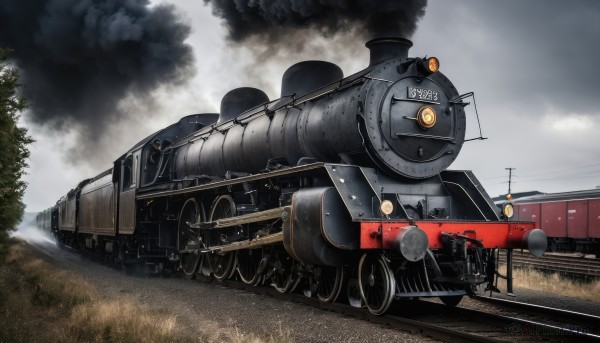 outdoors,sky,day,cloud,tree,military,no humans,cloudy sky,grass,ground vehicle,motor vehicle,smoke,military vehicle,tank,vehicle focus,train,caterpillar tracks,world war ii,railroad tracks,machine gun