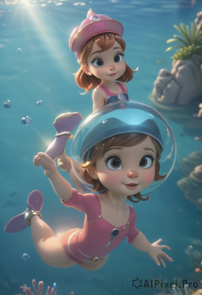 looking at viewer,smile,short hair,blue eyes,multiple girls,brown hair,hat,2girls,brown eyes,swimsuit,ass,parted lips,water,flat chest,lips,one-piece swimsuit,ocean,sunlight,helmet,child,bubble,rock,underwater,female child,air bubble,swimming,coral,seaweed,diving,1girl,blush,jewelry,collarbone,full body,barefoot,medium hair,feet,siblings,soles,sisters,fish,light rays,anklet,pink footwear,submerged,freediving,pink one-piece swimsuit