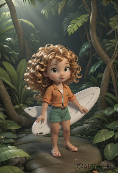 1girl,solo,long hair,looking at viewer,smile,brown hair,shirt,holding,brown eyes,standing,full body,outdoors,shorts,belt,dark skin,dark-skinned female,tree,lips,leaf,sandals,sunlight,plant,tan,child,nature,forest,zipper,curly hair,light rays,female child,green shorts,flip-flops,surfboard,watermark,minigirl,orange shirt